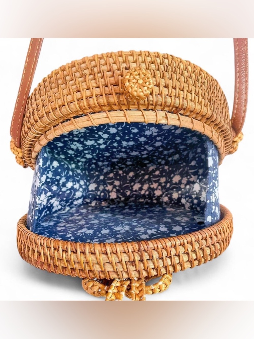 Woven Round Rattan Crossbody Bag - Brown